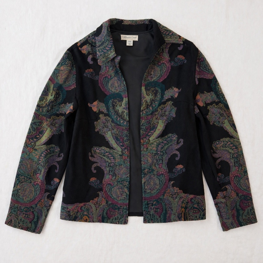 Coldwater Creek Womens PXS 100% Wool Paisley Tapestry Open Front Jacket Black